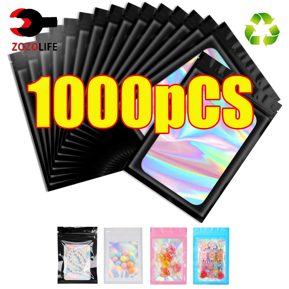 Food Storage Zipper - 10-1000Pcs Holographic Ziplock Bag Black Plastic