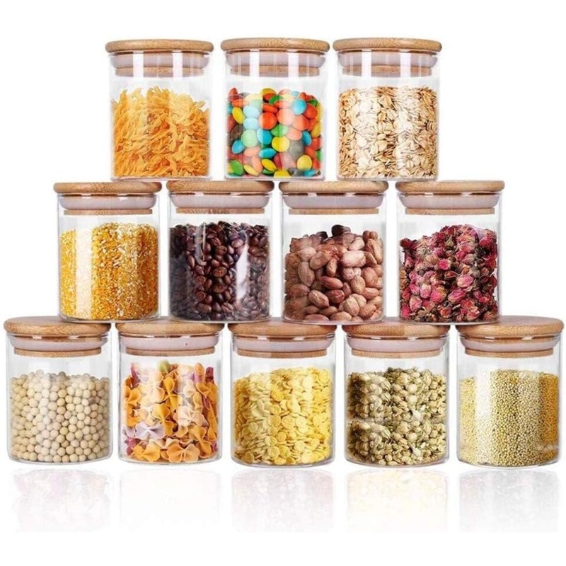 12 Glass Jars Set with Bamboo  - Airtight Cereal Jar recension och pris